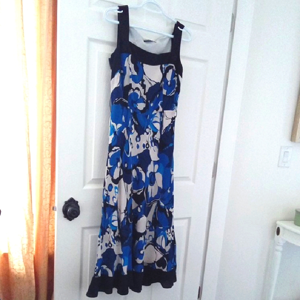 Planet Women's Silk Fit & Flare Midi Dress Blue & White Abstract Floral Size 6